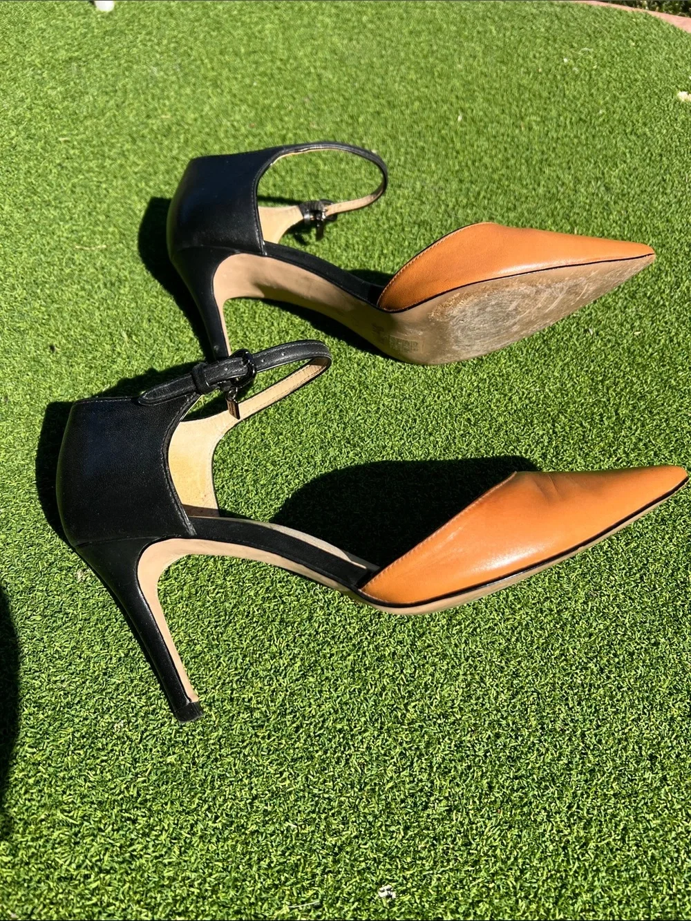 Coach Ankle-Strap Pointed-Toe Pumps in Cognac and Black